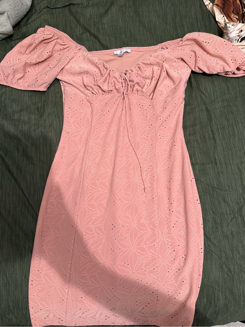 Blush Pink Off-Shoulder Eyelet Midi Dress